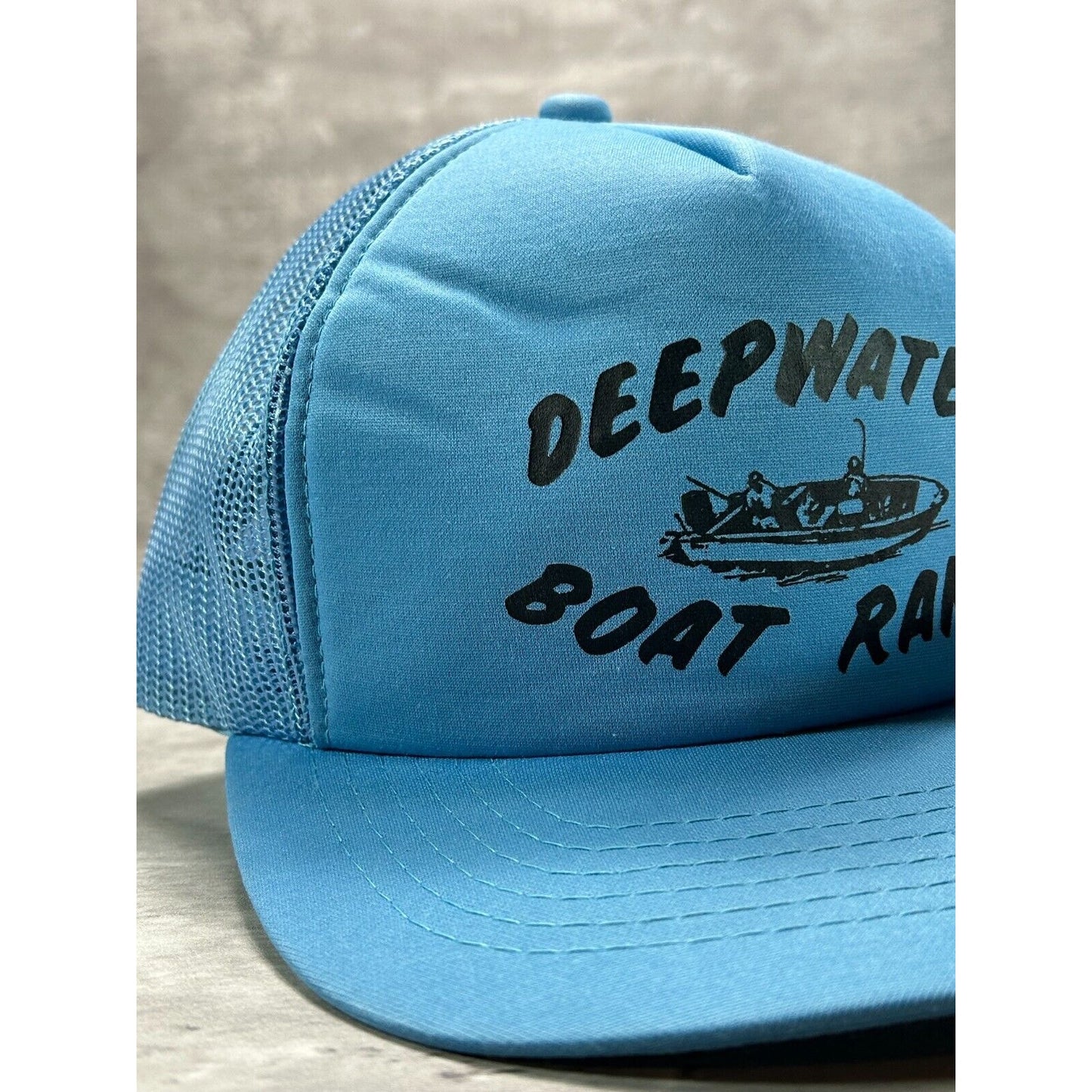 Vintage Deepwater Boat Ramp Boating Graphic Trucker Snapback Hat OSFA Blue