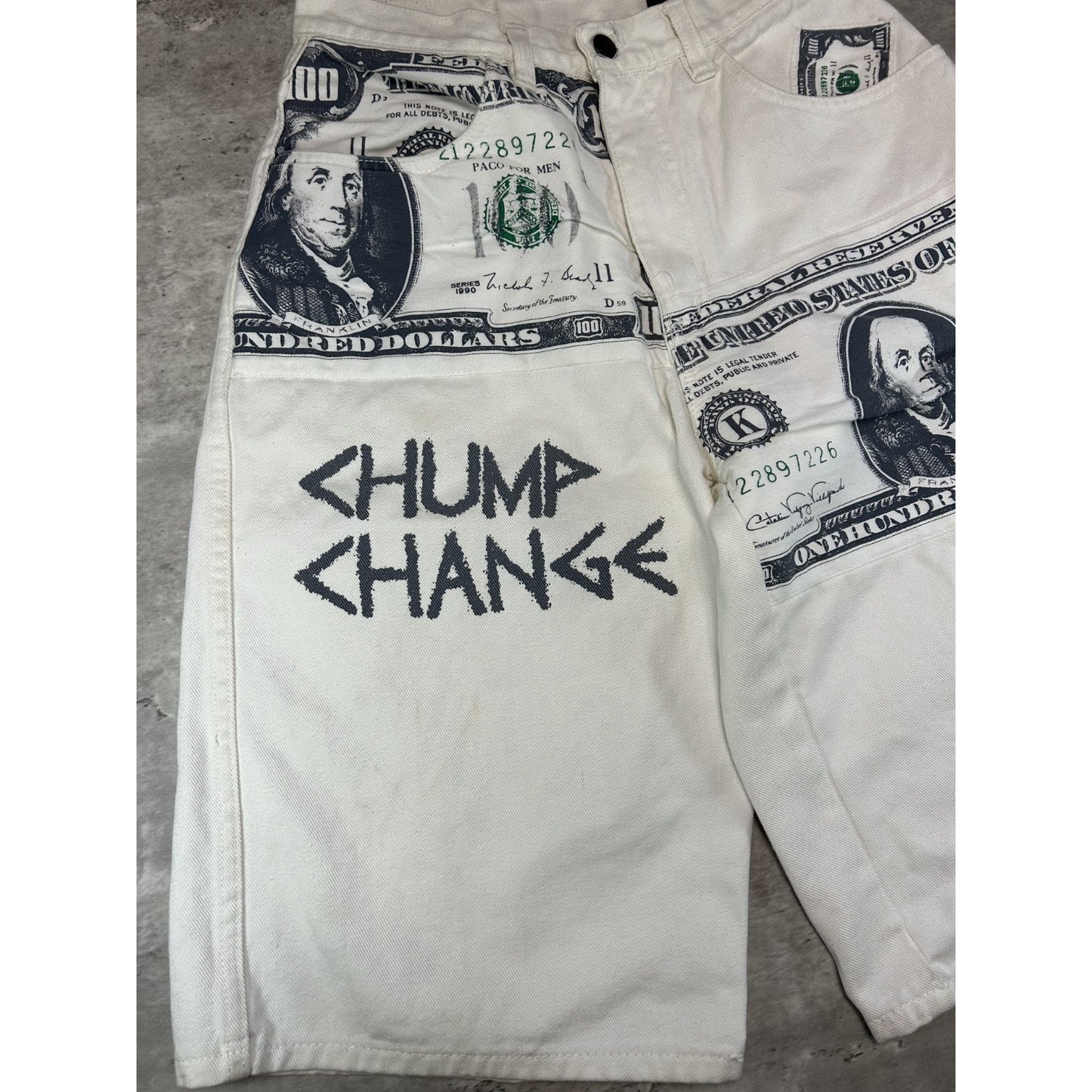 Vintage Y2K Paco Jeans Hundred Dollar Bill Patch Work White Denim Shorts Sz 28