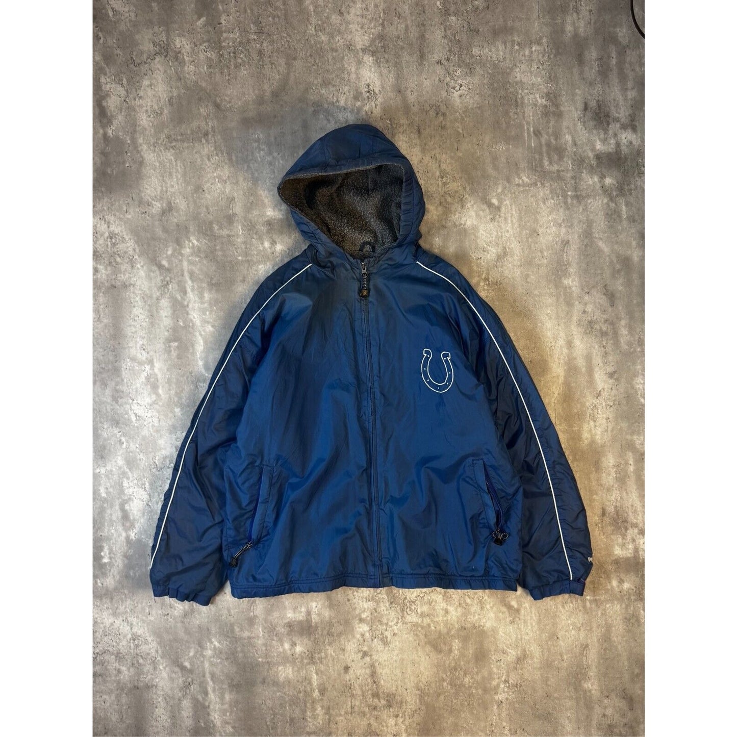 Vintage Indianapolis Colts NFL Fleece Lined Nylon Hooded Football Jacket Size XL