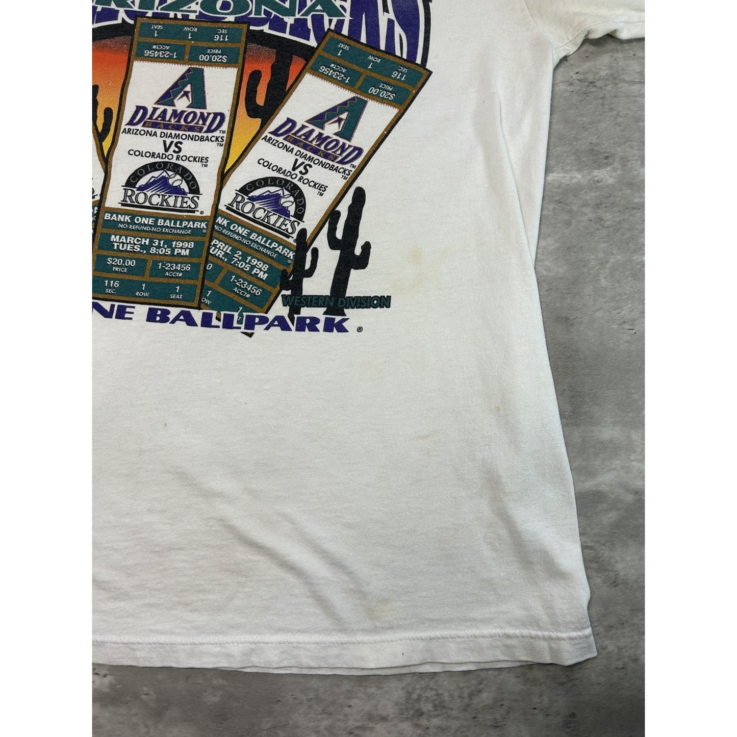 Vintage Arizona Diamondbacks MLB Inaugural Season Ticket Graphic T-Shirt Large