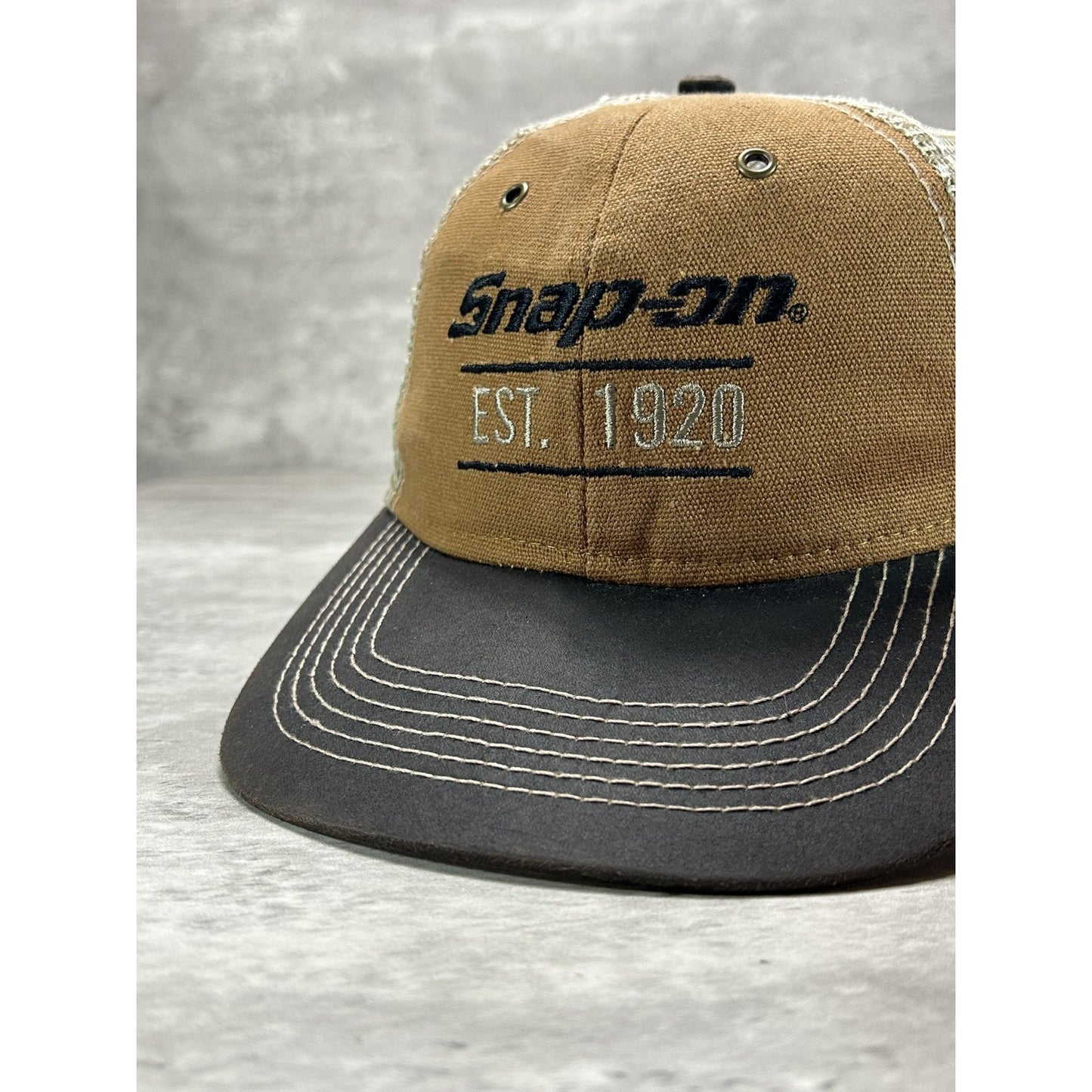 Vintage Snap On Embroidered Spellout Trucker Strapback Hat OSFA Brown/Beige