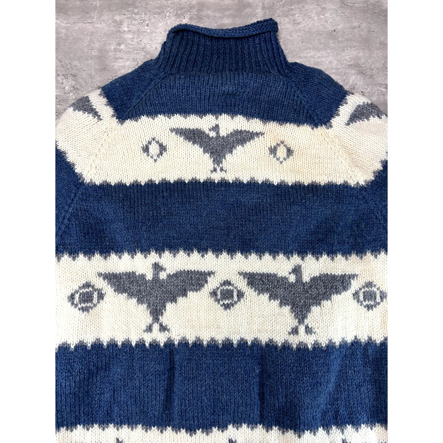 Vintage 80s Bird Print Striped Full Zip Collared Knit Sweater Size Large