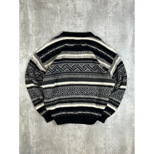 Vintage 90s Studio Abstract Striped Pullover Ribbed Knit Sweater Size XL Black