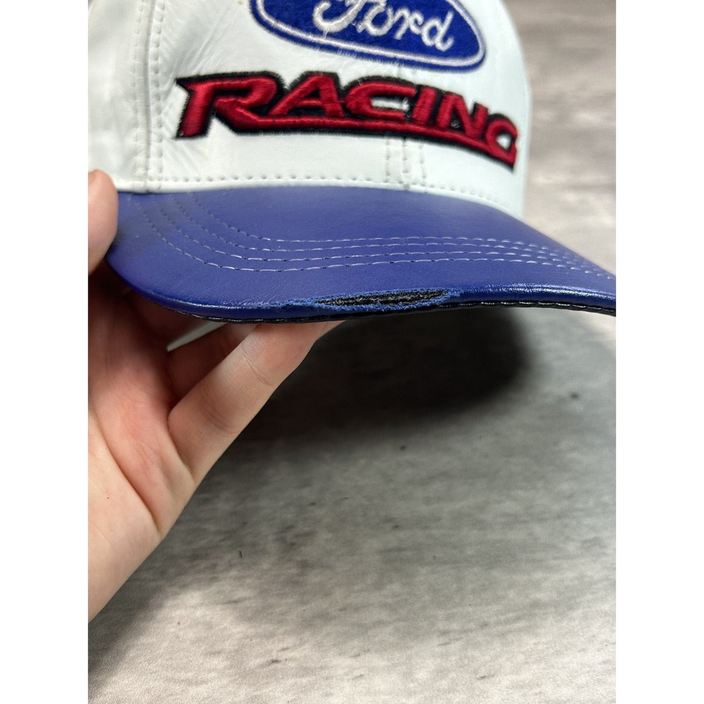 Vintage 90s Ford Racing Embroidered Spellout Leather Strapback Hat OSFA