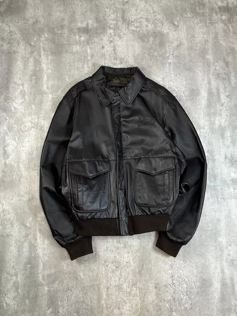 Vintage Dekalb Embossed Multi Pocket Leather Bomber Jacket Size XL Brown