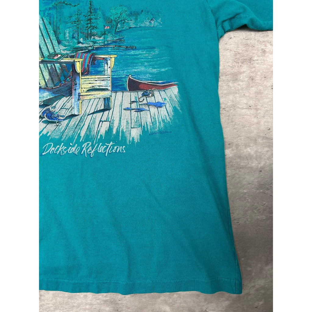 Vintage 90s Deckside Reflections Cottage Landscape Graphic T-Shirt Size Medium