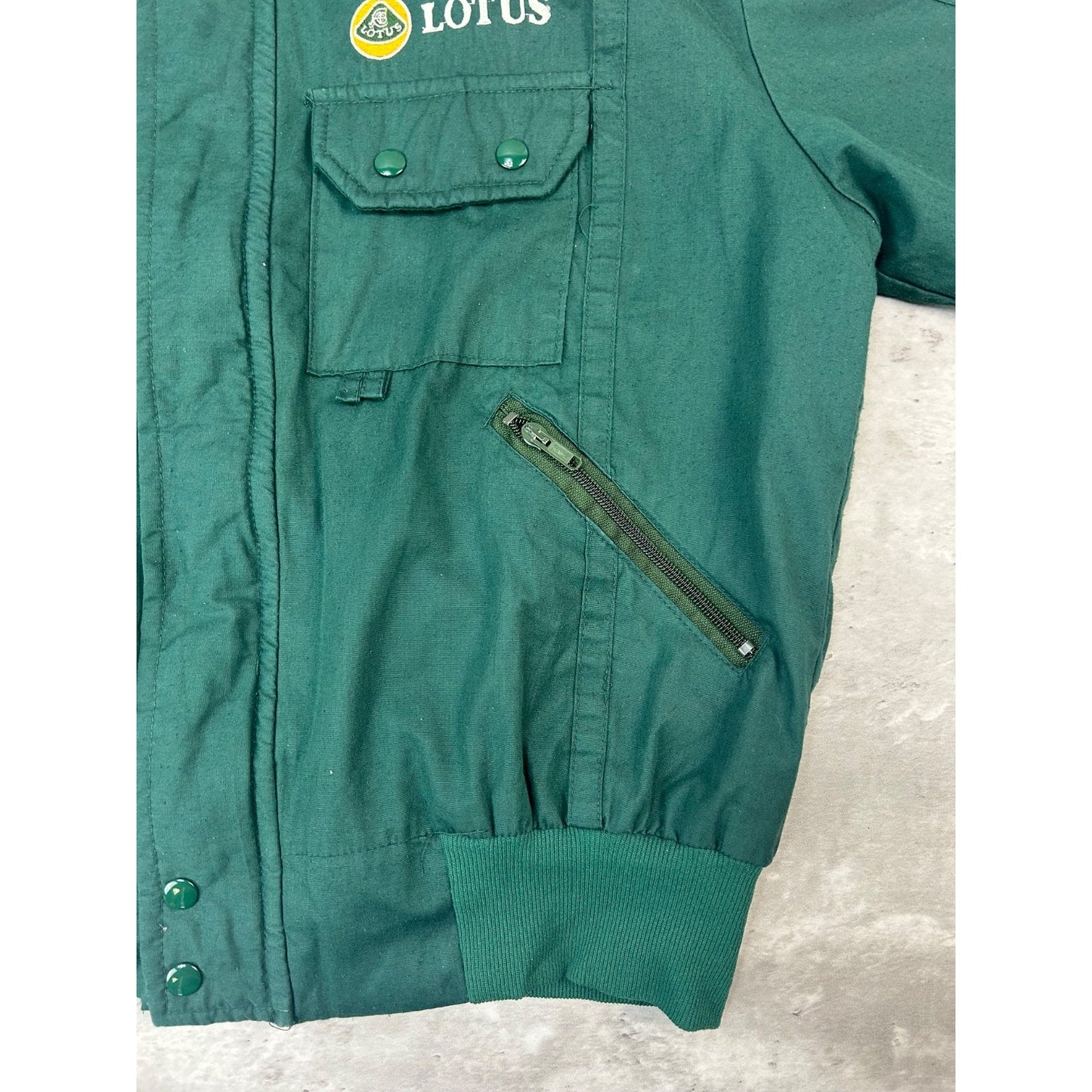 Vintage Lotus Embroidered Logo Full Zip Multi Pocket Bomber Jacket Size Large