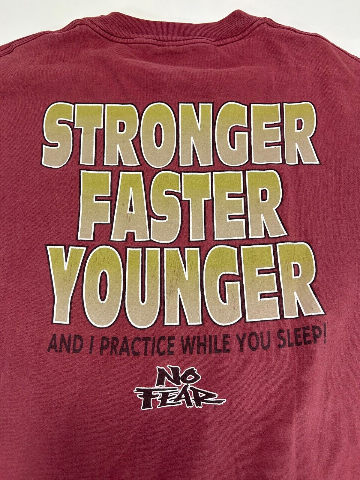 Vintage 90s No Fear Stronger Faster Younger Spell Out Graphic T-Shirt Sz XL Red