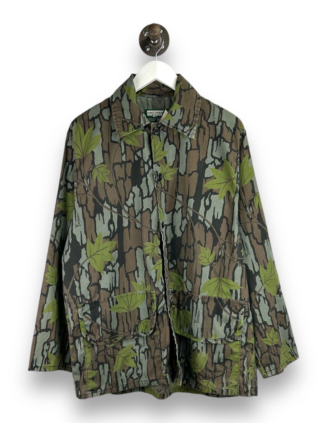 Vintage 90s Saf-T-Bak Trebark Tree Camo Hunting Button Up Shirt Size Large