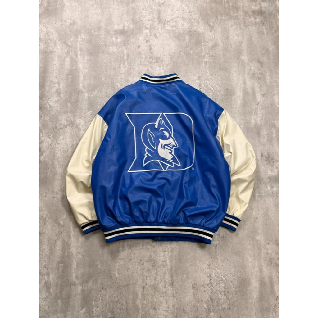 Vintage Duke Blue Devils NCAA Pleather Varsity Style Bomber Jacket Size Large