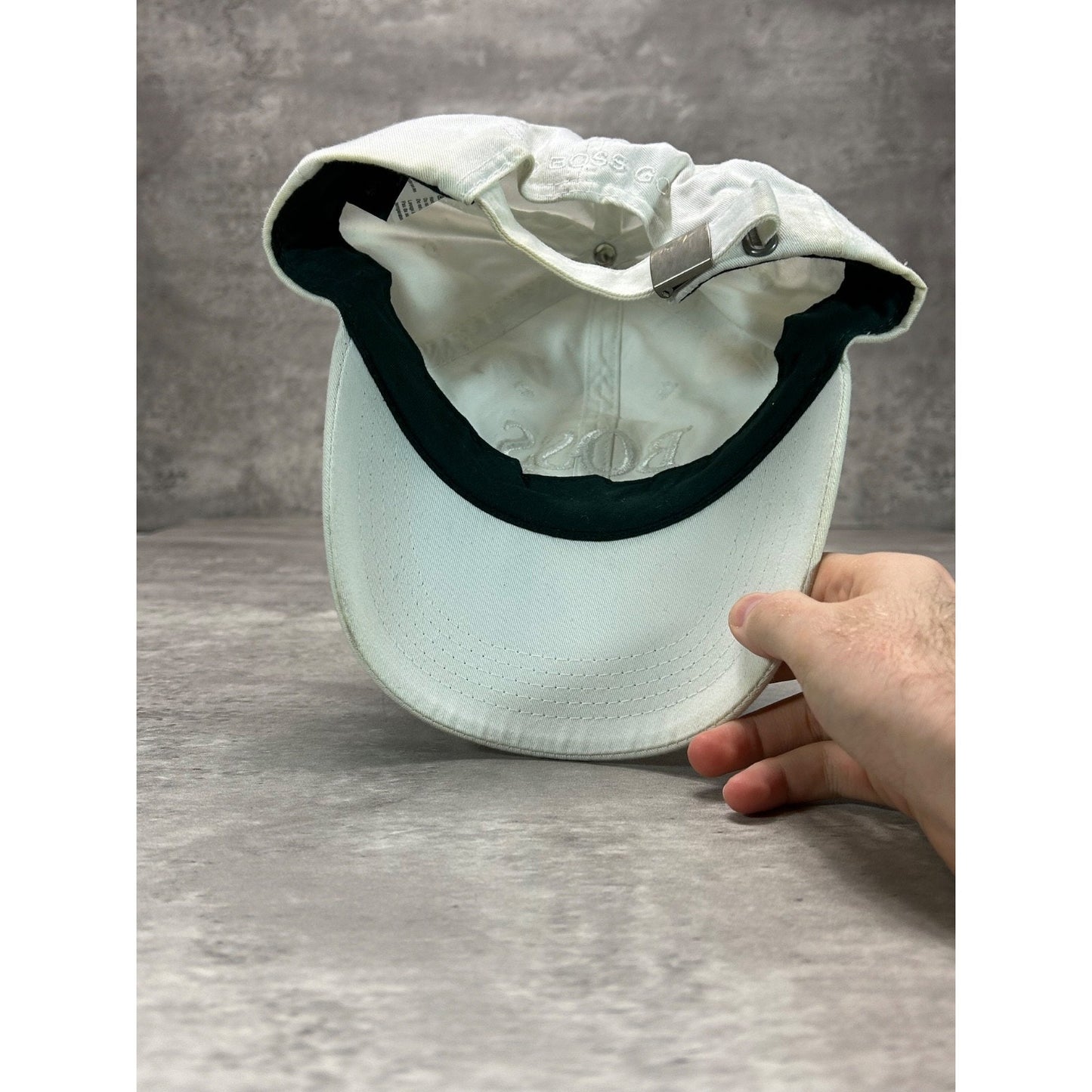 Vintage Hugo Boss Distressed Tonal Embroidered Spellout Strapback Hat OSFA