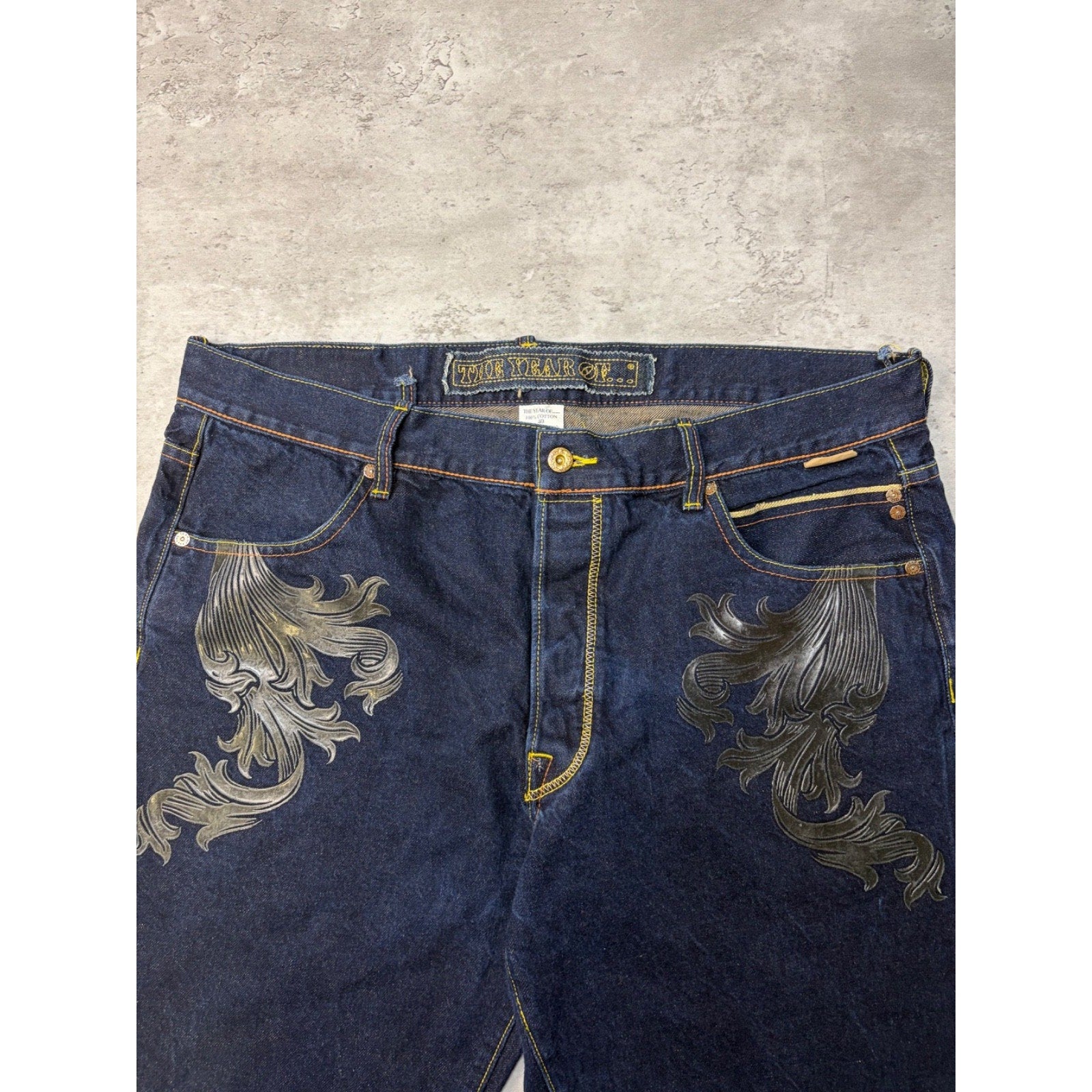 Vintage Y2K The Year Of... Graphic Baroque Graphic Dark Wash Denim Pants Size 38