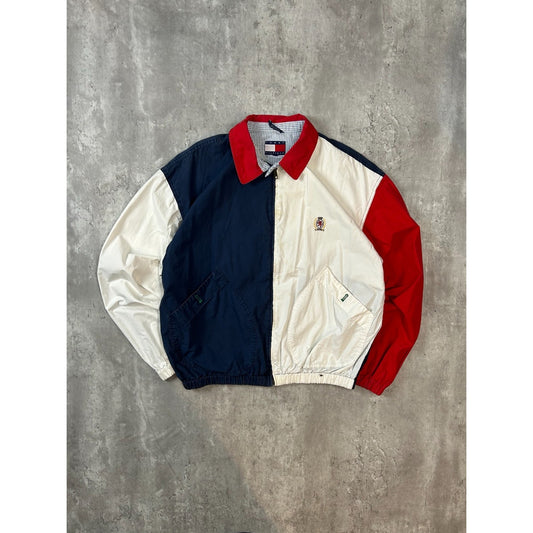 Vintage Tommy Hilfiger Tri Color Embroidered Crest Harrington Jacket Size Medium