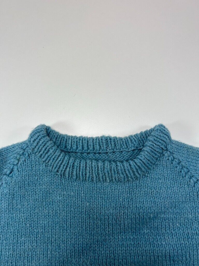 Vintage 80s/90s Hand Knit Ribbed Neck Pullover Knit Sweater Size Large Blue