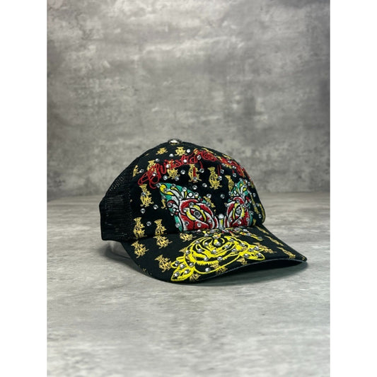 Vintage Ed Hardy Bedazzled Embroidered Roses Trucker Snapback Hat OSFA Black