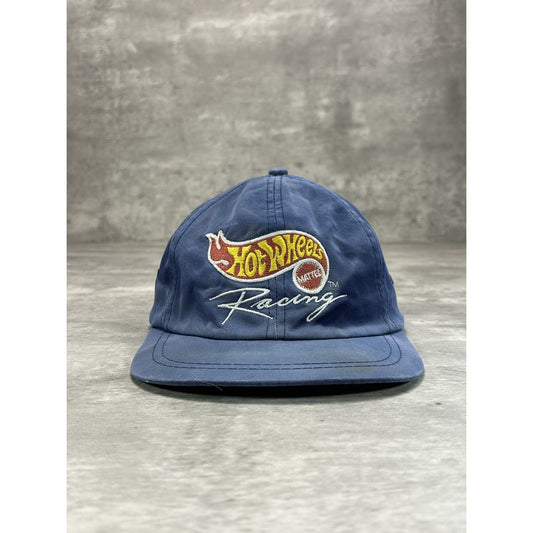 Vintage 90s Hot Wheels Racing Embroidered Spellout Logo Strapback Hat OSFA Blue