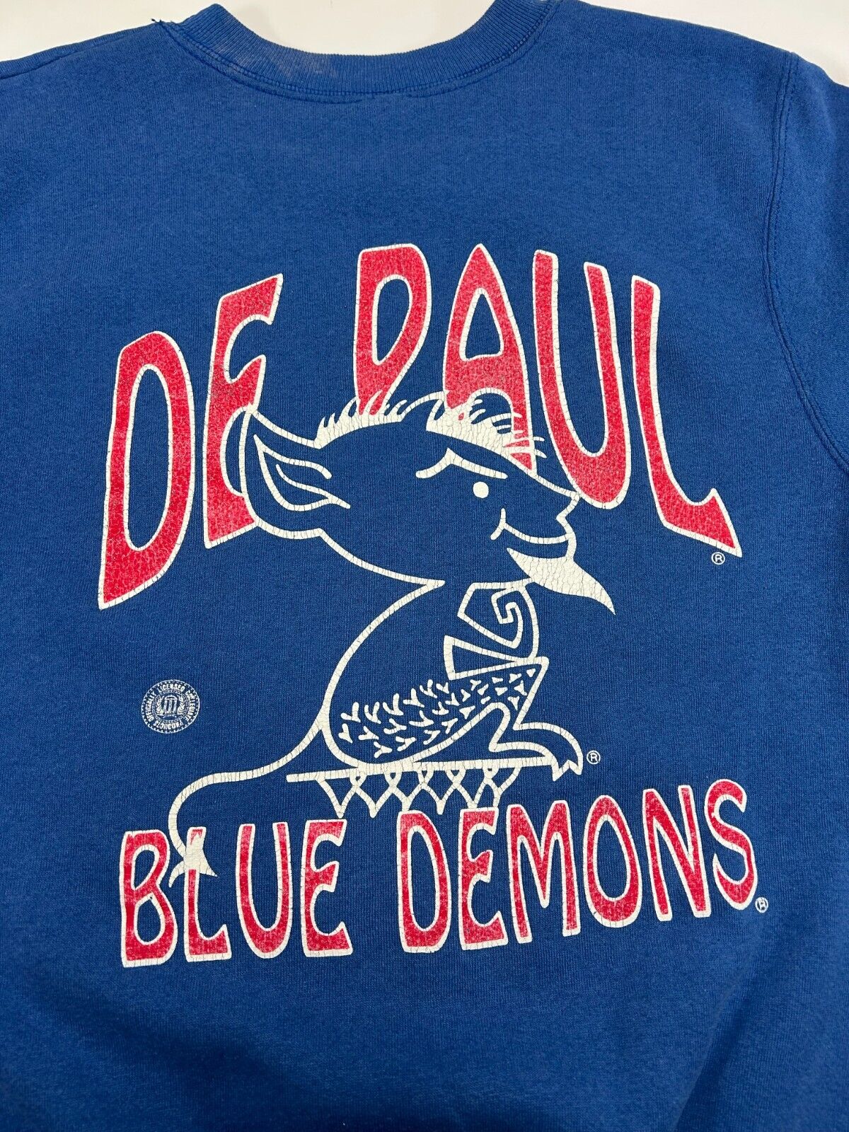 Vintage 1990 De Paul Blue Demons NCAA Crest Graphic Sweatshirt Size Medium