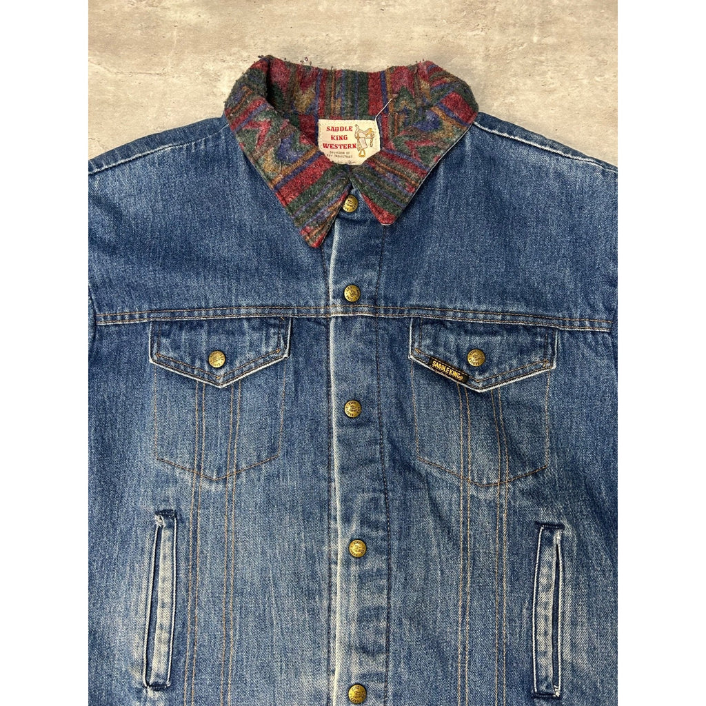 Vintage 80s Saddle King Blanket Lined Western Denim Trucker Jacket Size Large