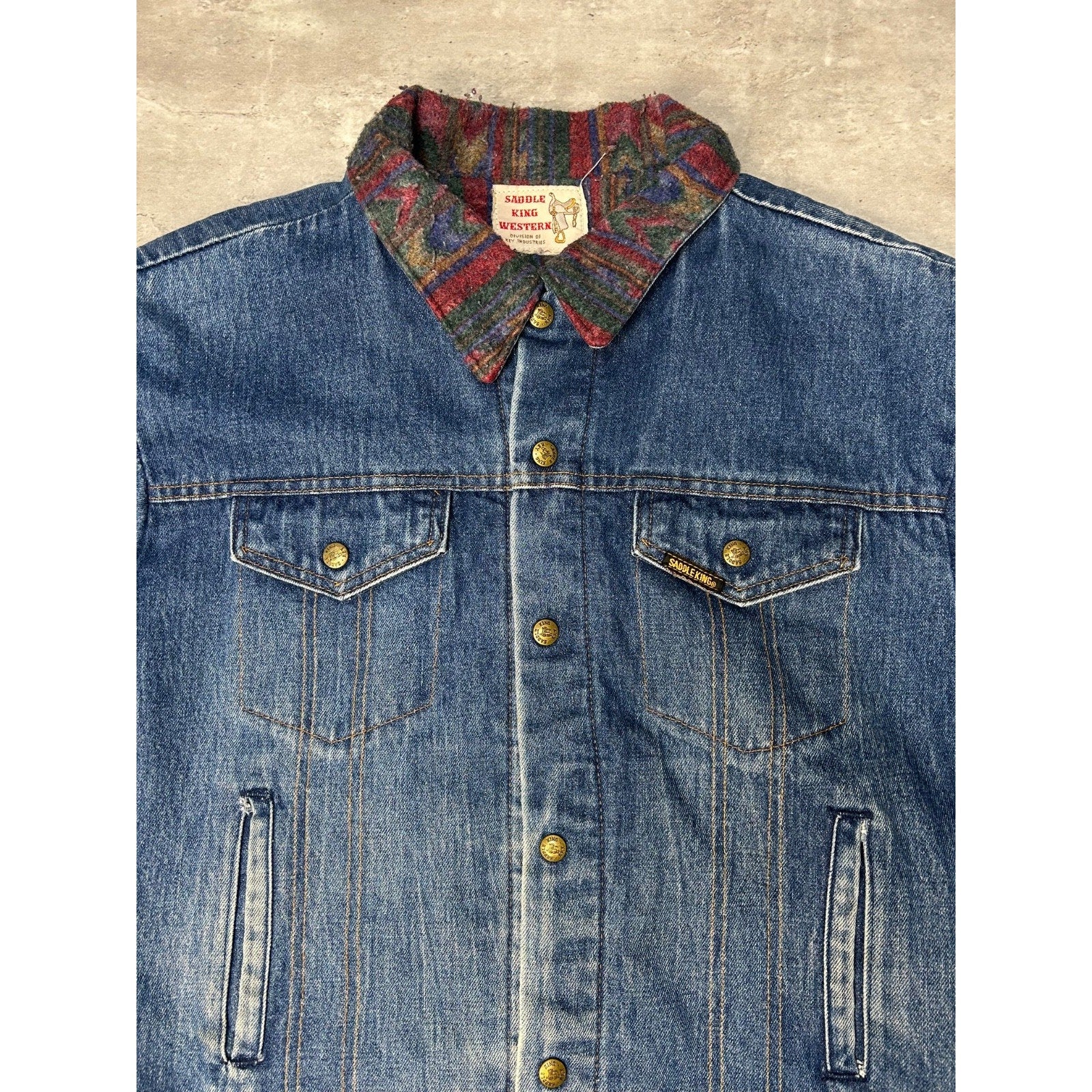 Vintage 80s Saddle King Blanket Lined Western Denim Trucker Jacket Size Large