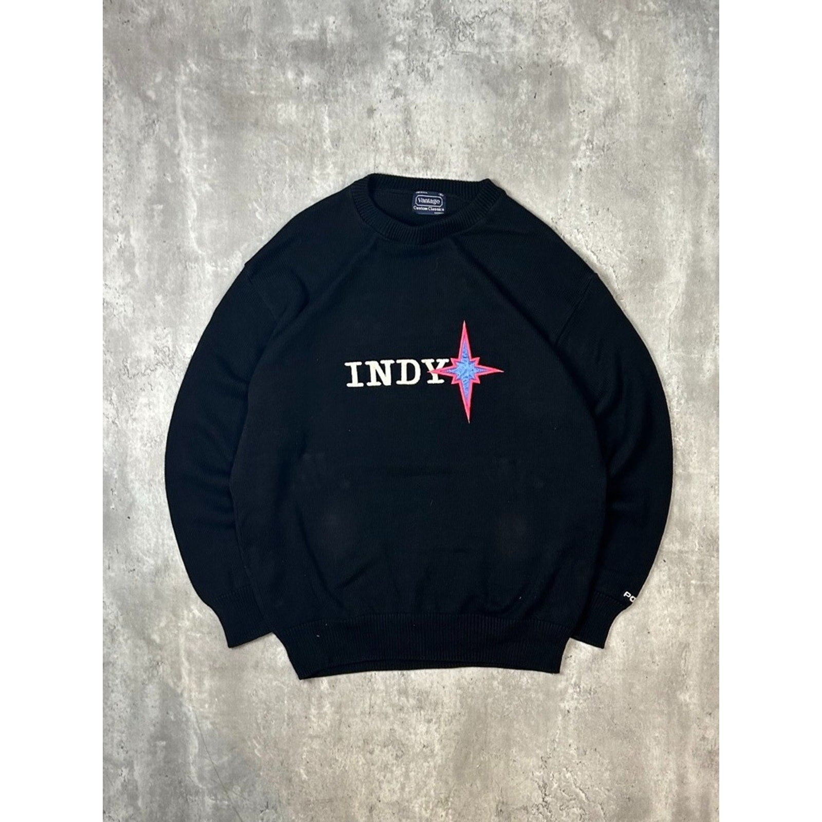 Vintage 90s Indy Embroidered Spellout Ribbed Knit Sweater Size XL Black