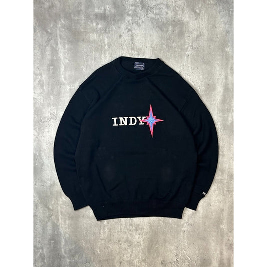 Vintage 90s Indy Embroidered Spellout Ribbed Knit Sweater Size XL Black