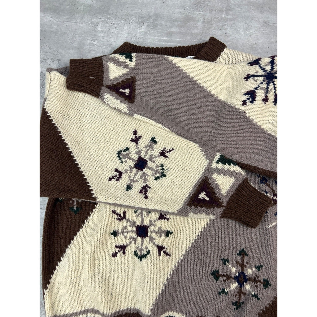 Vintage Trail N Toe Earth Tone Striped Snowflake Print Knit Sweater Size Large