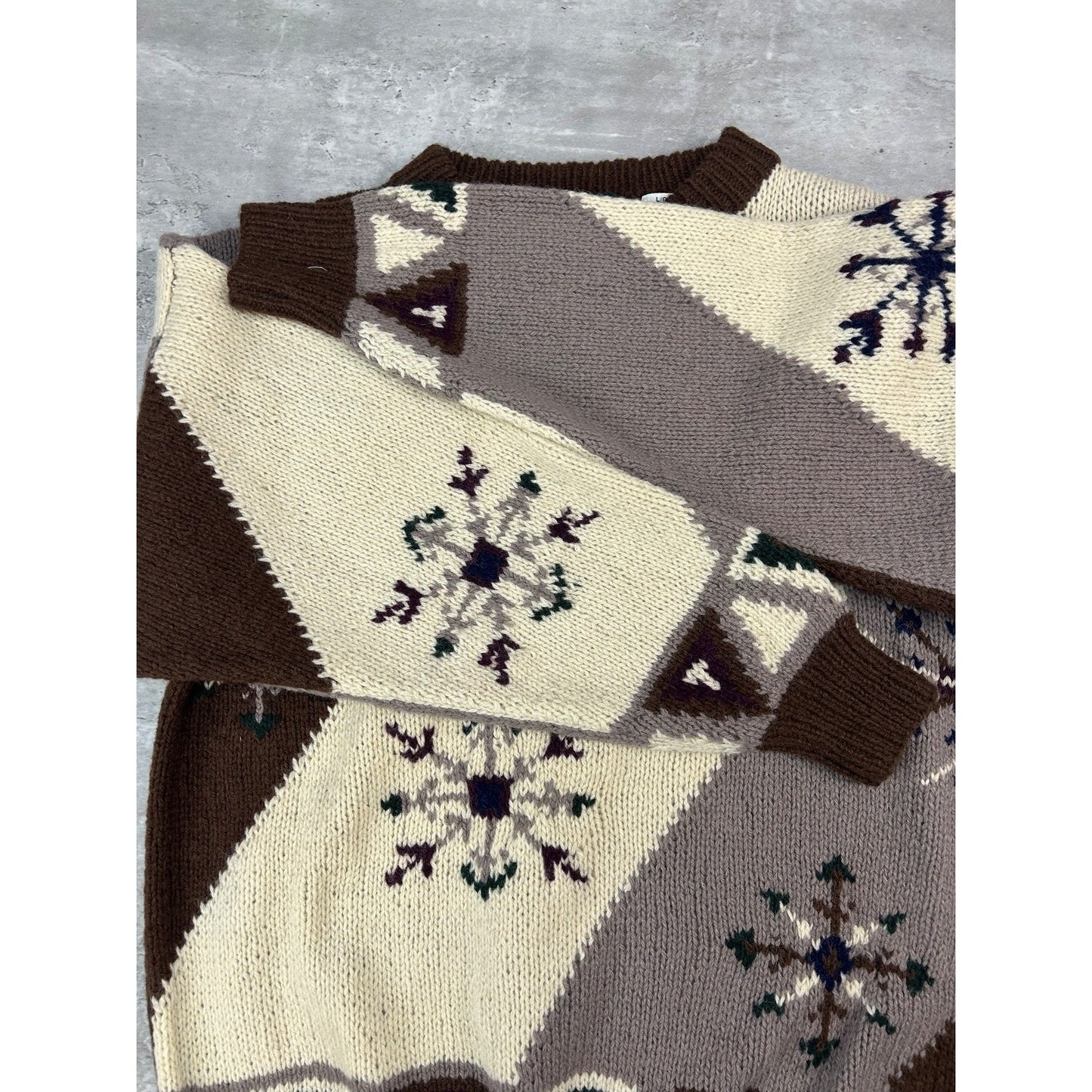 Vintage Trail N Toe Earth Tone Striped Snowflake Print Knit Sweater Size Large