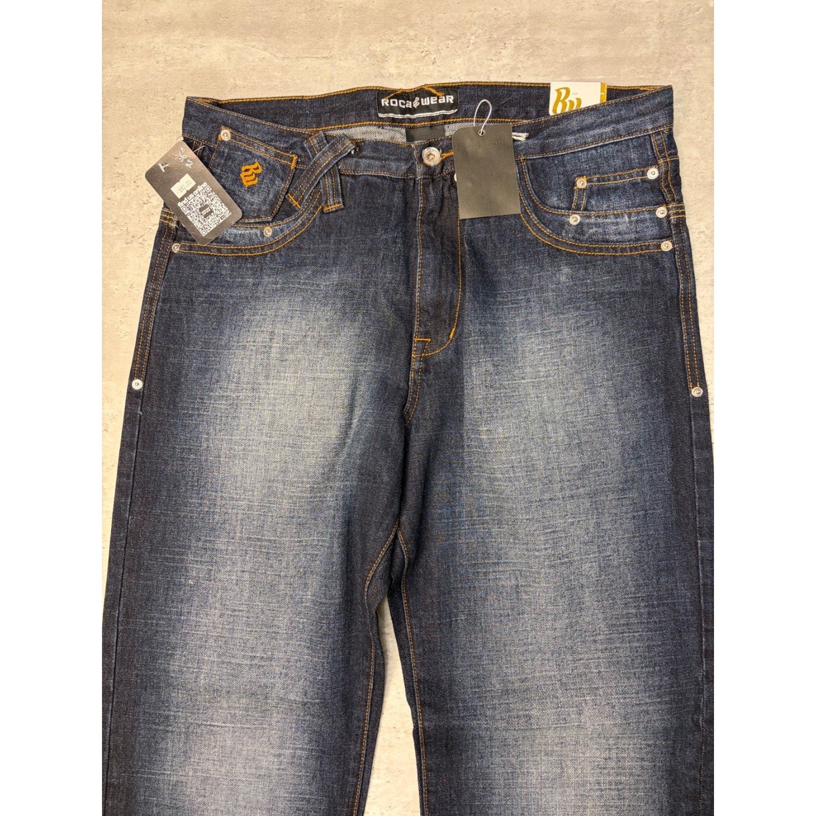 Vintage Y2K Rocawear Embroidered Pocket Skull Dark Wash Denim Pants