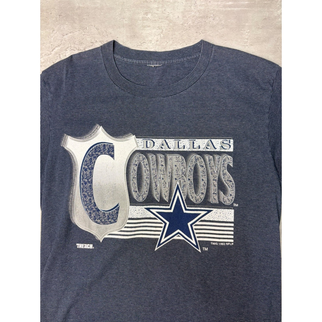 Vintage 1993 Dallas Cowboys NFL Big Graphic Spellout Striped T-Shirt Size Large