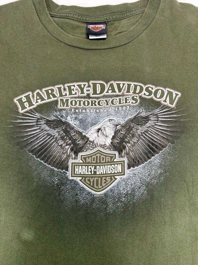 Harley Davidson Motorcycles Spell Out Bald Eagle Graphic T-Shirt Size 2XL Green