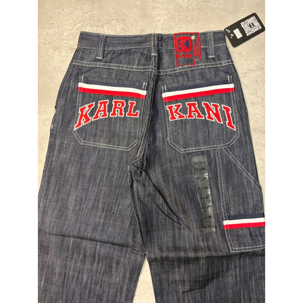 Vintage Y2K Womens Kani Embroidered Arc Spellout Dark Wash Denim Pants