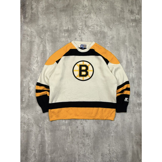 Vintage 90s Boston Bruins NHL Starter Jersey Style Knit Sweater Size Large