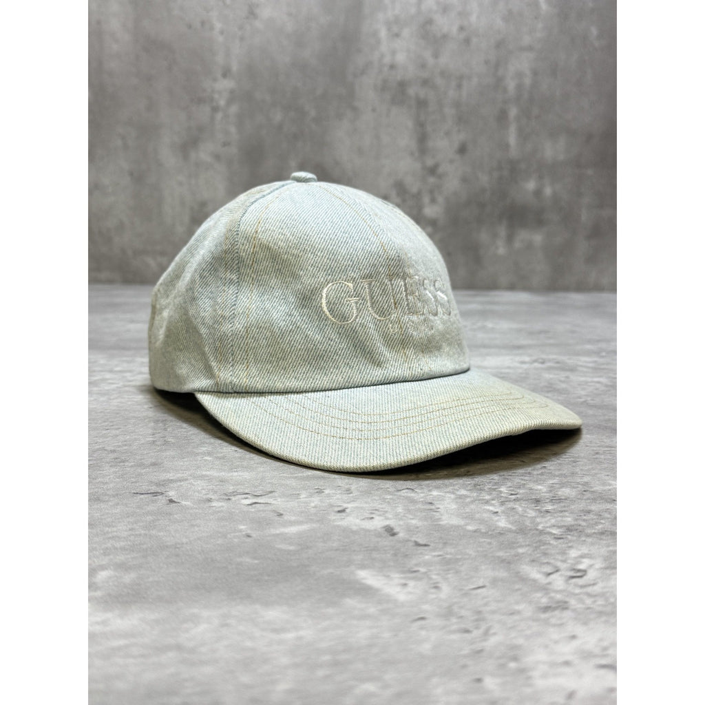 Vintage 90s Guess USA Light Wash Denim Embroidered Spellout Snapback Hat OSFA
