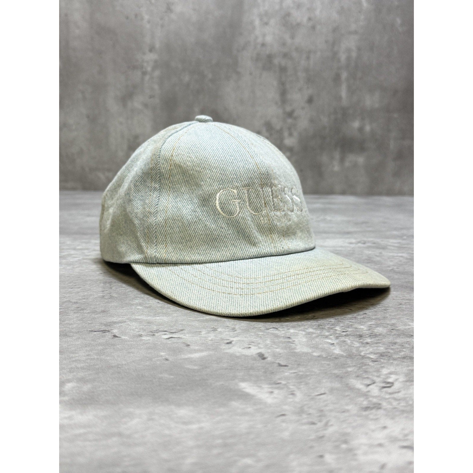 Vintage 90s Guess USA Light Wash Denim Embroidered Spellout Snapback Hat OSFA