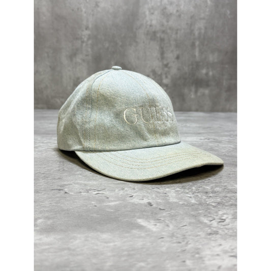 Vintage 90s Guess USA Light Wash Denim Embroidered Spellout Snapback Hat OSFA