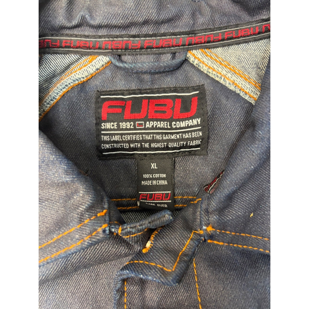 Vintage Y2K Fubu Contrast Embroidery Dark Wash Waxed Denim Jacket Size XL