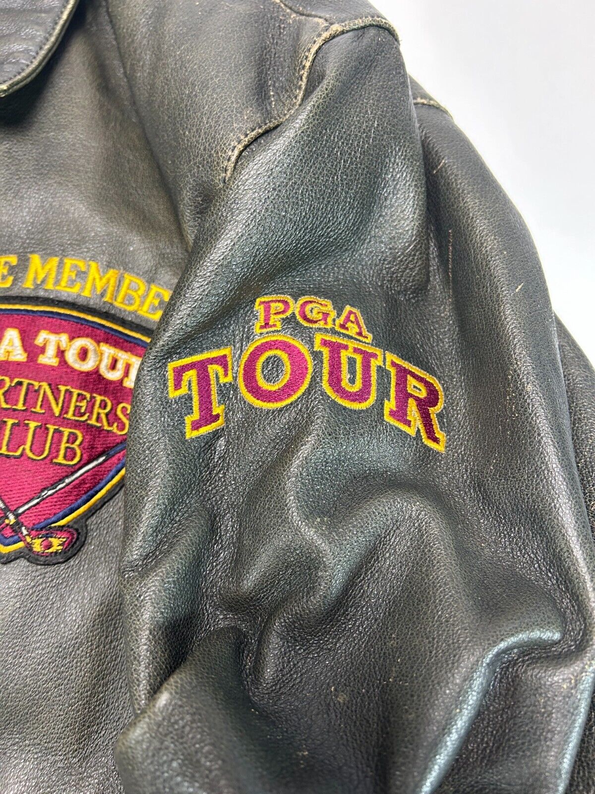 Vintage PGA Tour Life Member Embroidered Crest Full Zip Leather Jacket Size XL