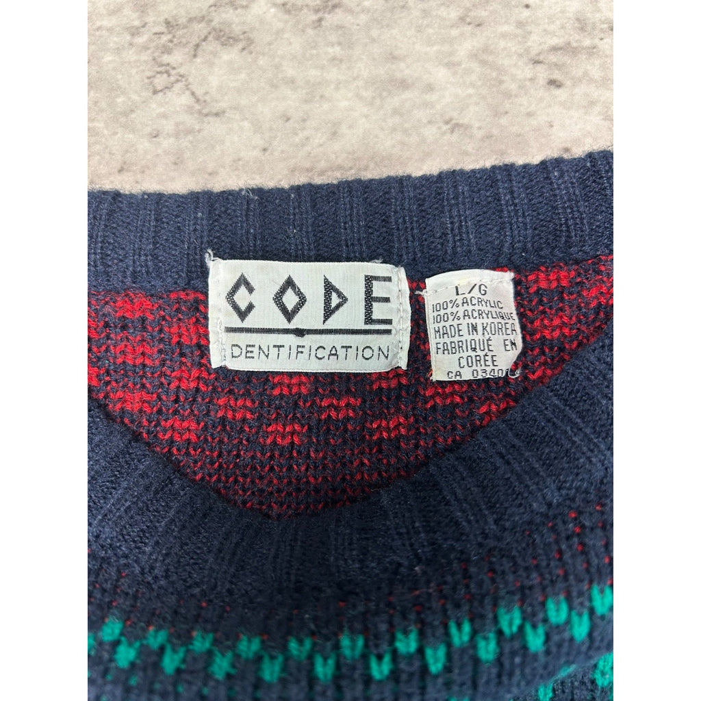 Vintage 90s Code Identification Abstract Striped Reindeer Knit Sweater Sz Large