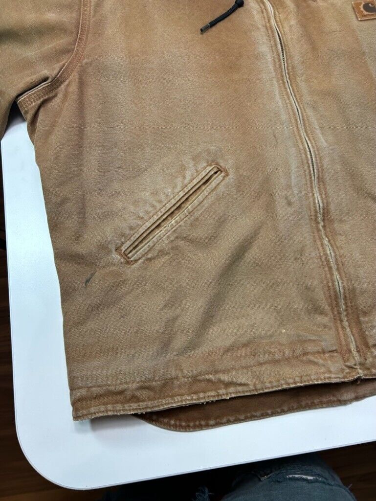 Vtg Carhartt Fleece Lined Canvas Workwear Hooded Detroit Jacket Sz XL J141BRN