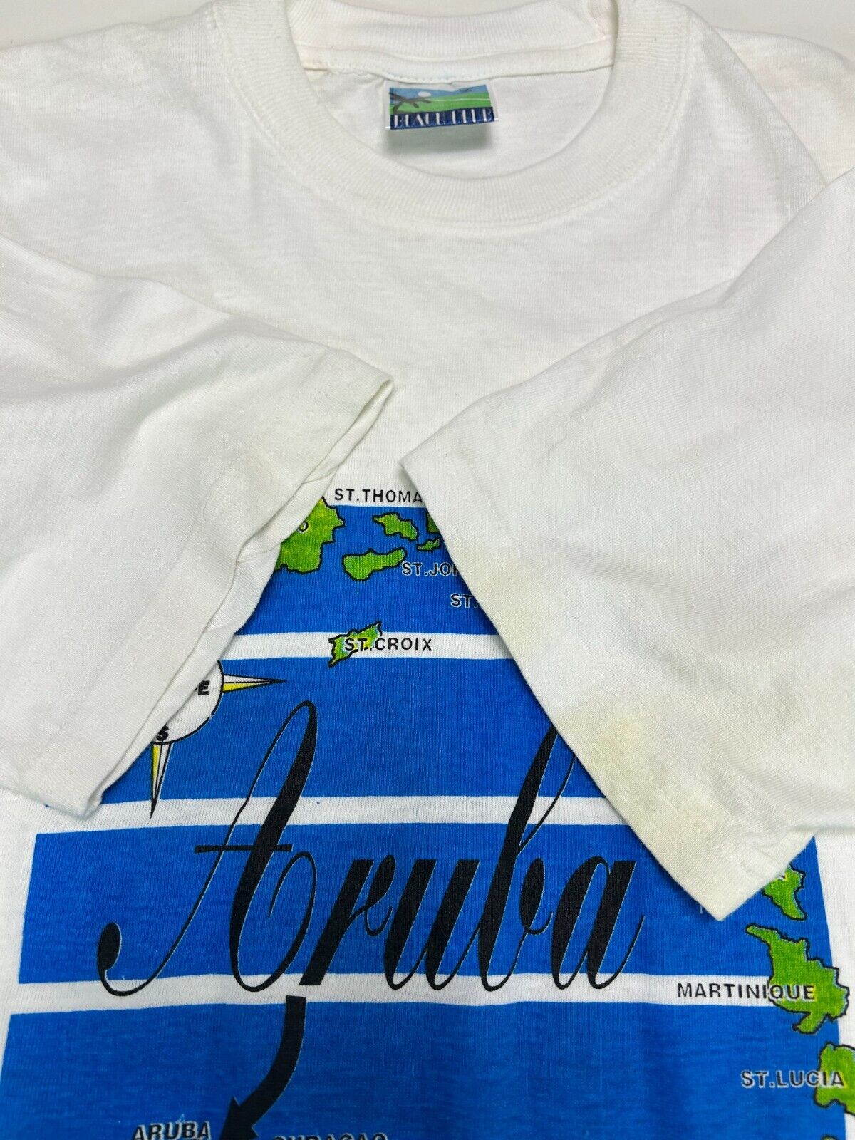 Vintage 90s Aruba Island Map Graphic Spell Out Destination T-Shirt Size Large