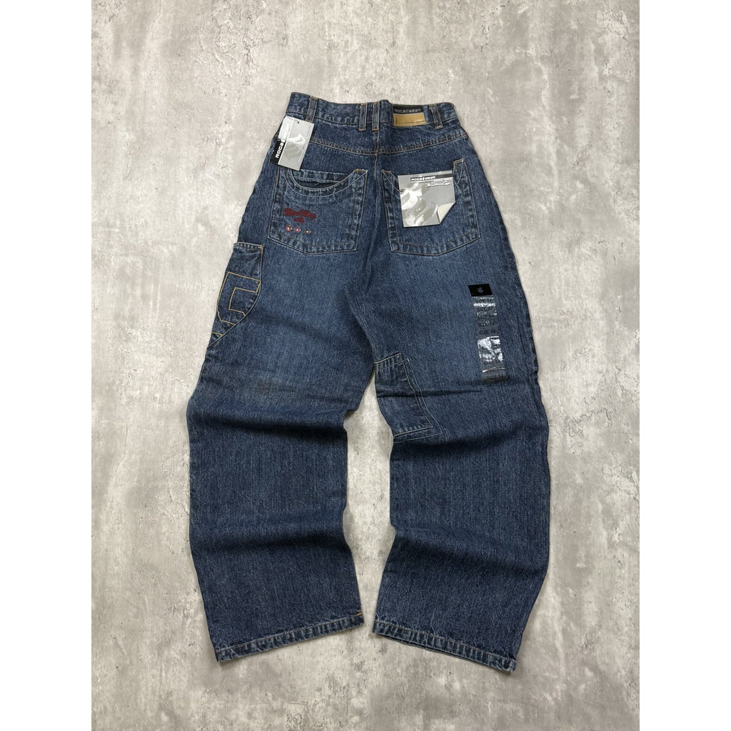 Vintage Y2K Womens Rocawear La Familia Embroidered Medium Wash Denim Pants 26x29