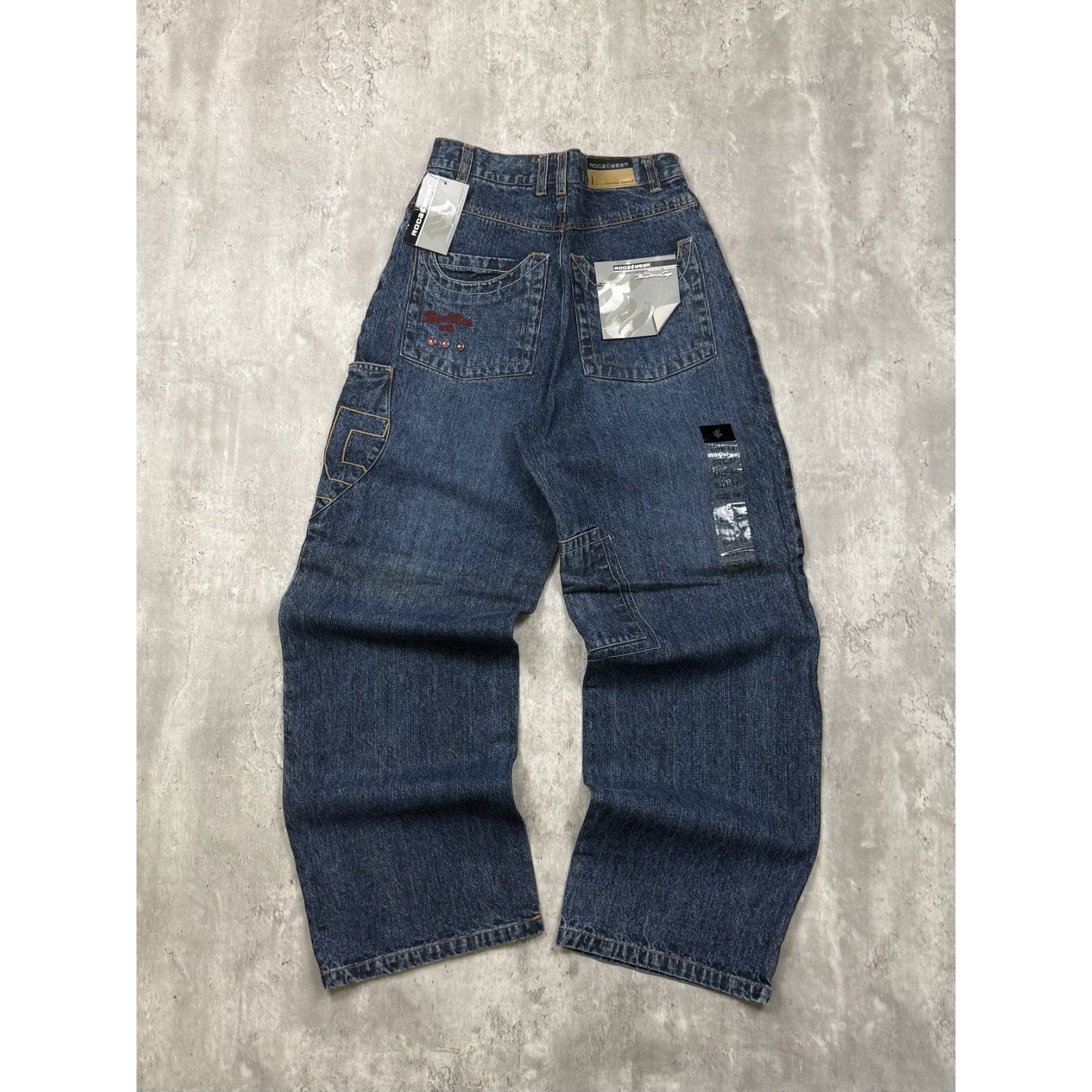 Vintage Y2K Womens Rocawear La Familia Embroidered Medium Wash Denim Pants 26x29