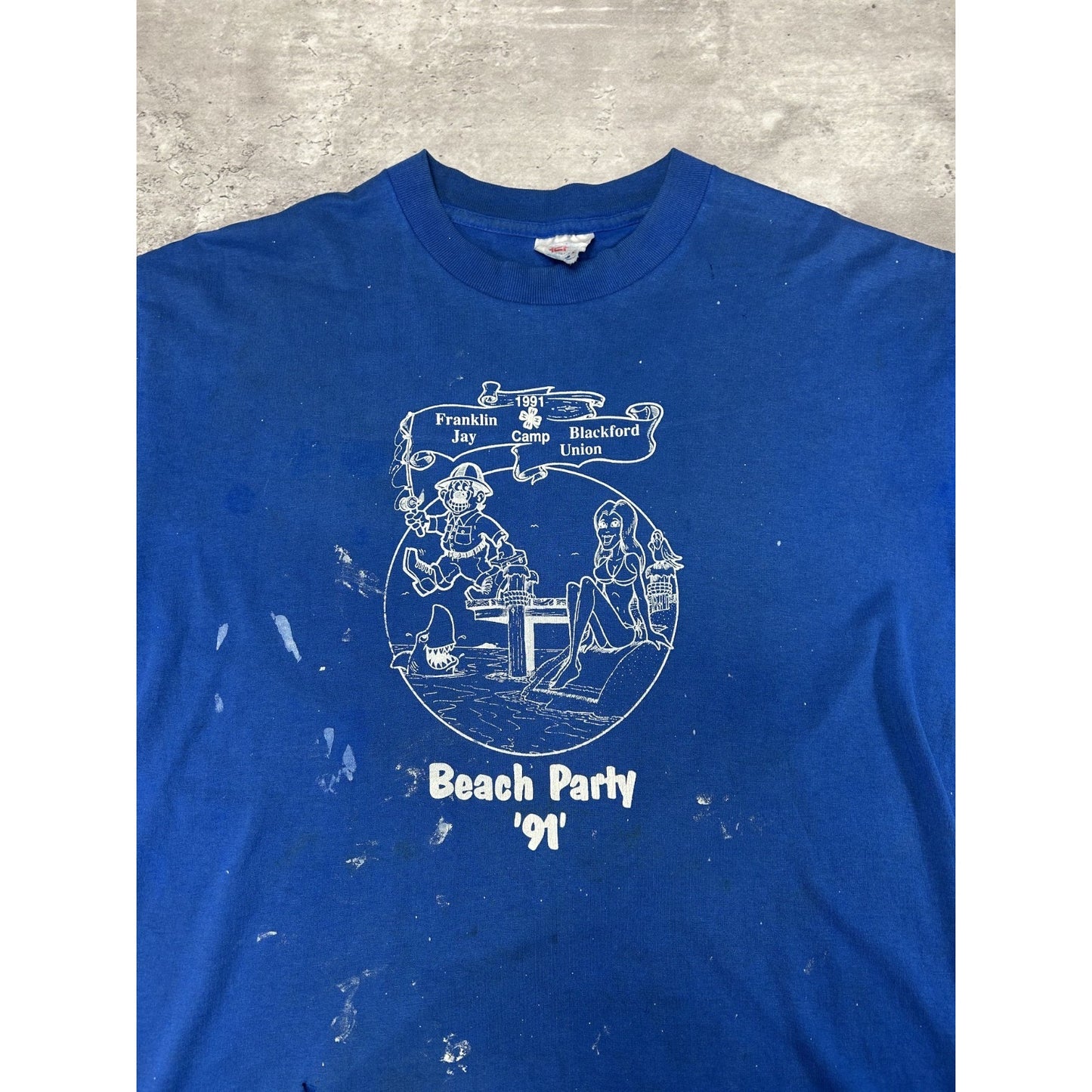 Vintage 1991 Beach Party Cartoon Graphic Distressed T-Shirt Size XL Blue