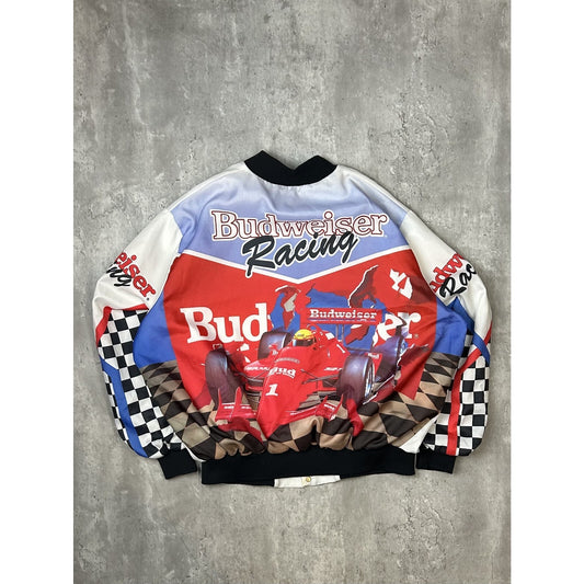 Vintage 90s Budweiser Racing Nascar Chalk Line Bomber Jacket Size 2XL
