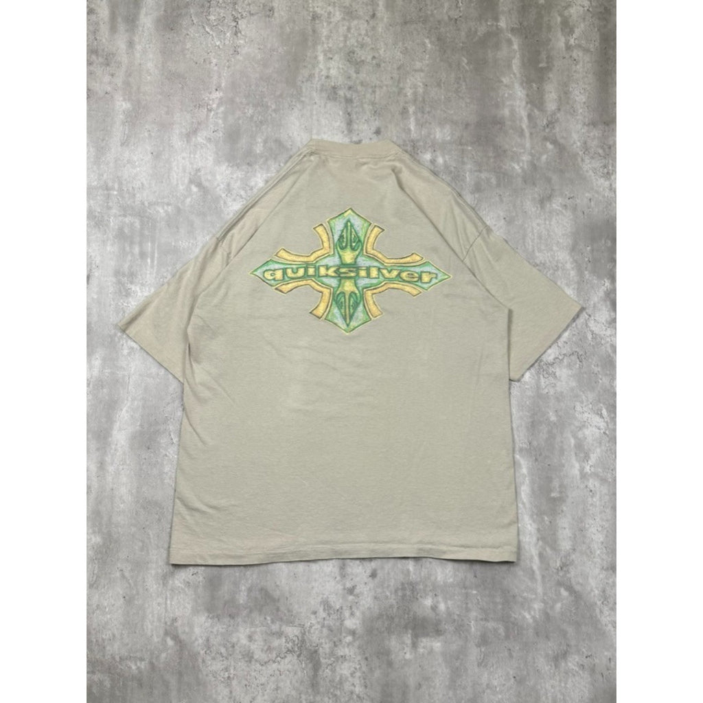 Vintage Y2K Quiksilver Emblem Spellout Beige Graphic T-Shirt Size XL
