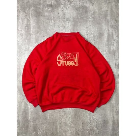 Vintage Stussy City Skyline Spellout Graphic Sweatshirt Size 2XL Red
