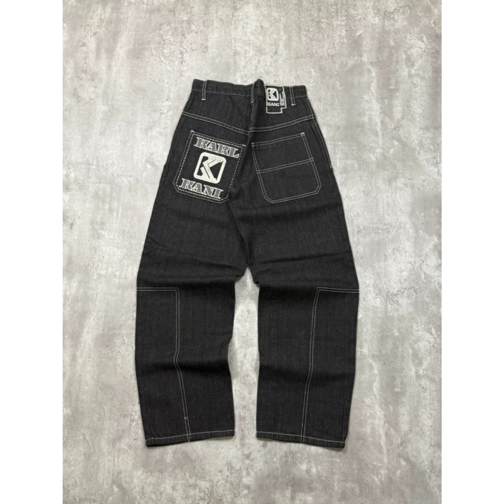 Vintage Y2K Womens Kani Embroidered Spellout Black Wash Denim Pants Size 28x29