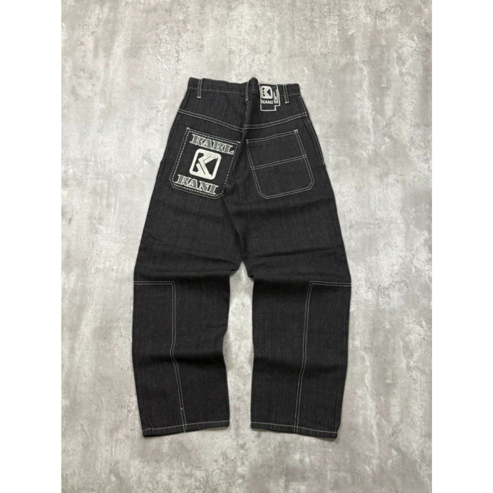 Vintage Y2K Womens Kani Embroidered Spellout Black Wash Denim Pants Size 28x29