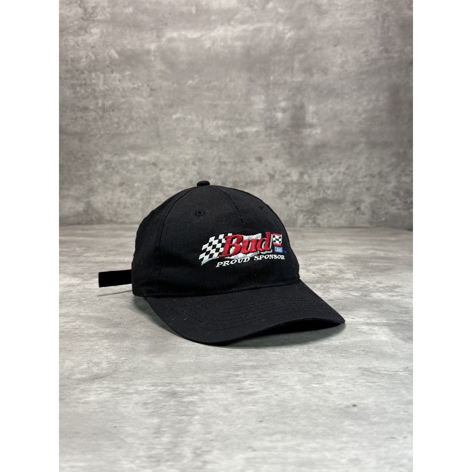 Vintage Budweiser Racing Embroidered Spellout Nascar Strapback Hat OSFA Black