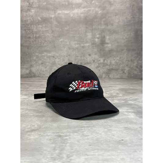Vintage Budweiser Racing Embroidered Spellout Nascar Strapback Hat OSFA Black